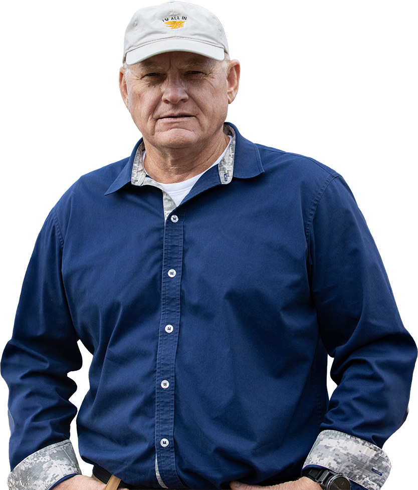Conservative Republican Frank Hoagland wearing a baseball cap and a blue shirt